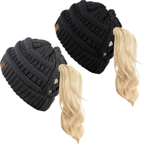 Vista 17 de Funky Junque - Gorro de coleta para mujer – Gorro de invierno con cola de caballo cruzada para mujer, cálidos y lindos gorros de punto con cola