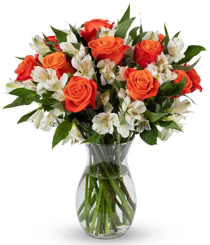 Vista 6 de Benchmark Bouquets - Rosas clásicas y alstroemeria (jarrón de cristal incluido) - Flores frescas para entrega al día siguiente - Regalo