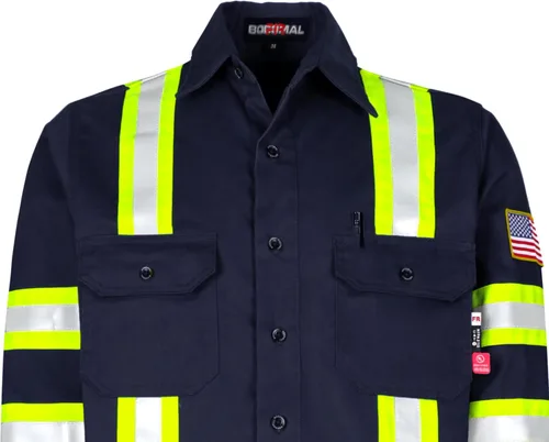 Vista 4 de BOCOMAL Camisas FR de alta visibilidad con botones de 7.5 onzas ANSI/ISEA tipo O Class1 resistente al fuego Hi Vis Refective Safety Jacket 100%