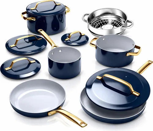 Vista 10 de Gotham Steel Moderno juego de utensilios de cocina de cerámica de 11 piezas, elegante juego de ollas y sartenes antiadherentes con vaporera, parte