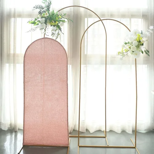 Vista 13 de Efavormart - Marco de fondo redondo de elastano dorado antiguo brillante de 5 pies, cubierta metálica brillante para arco de boda de 2 lados