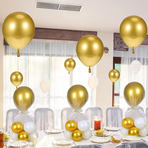 Vista 6 de BBTO Juego de 8 centros de mesa con soporte para globos, kit de 80 globos de látex y soporte de mesa con base de tul para boda, cumpleaños, baby Oro