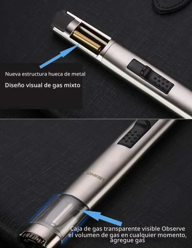 Vista 2 de Encendedor de butano para cocina, barbacoa, largo, recargable, resistente al viento, de acero inoxidable con llama de chorro (sin combustible)