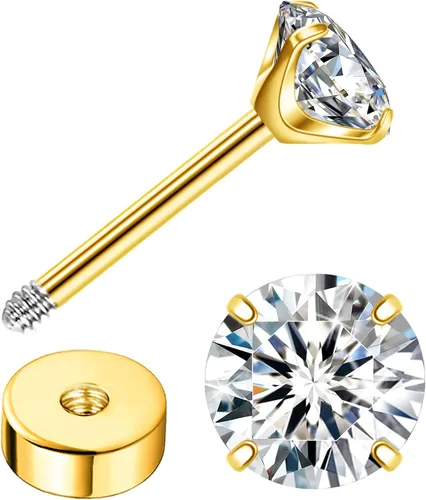 Vista 10 de Enticera G23 Aretes de Titanio 5A+Circonita Cúbica Aretes de Botón con Parte Trasera Plana Aretes Hipoalergénicos de Oro 14K Aretes 2-5MM