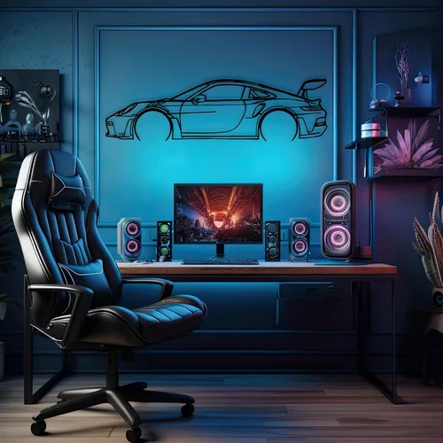 Vista 2 de DecoSoul Arte de Pared de Metal con Silueta de Coche 911, Coche Deportivo, Decoración de Línea de Silueta Automotriz, Cueva de Hombre, Regalo