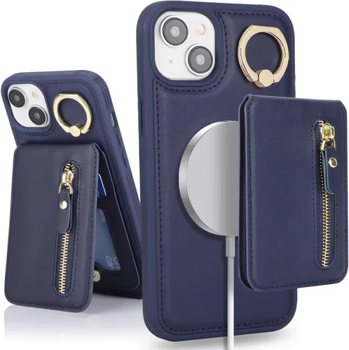 Vista 18 de para iPhone 14 Funda con soporte magnético Magsafe compatible, llavero de cuero PU plegable con soporte desmontable, funda tipo cartera 2-en-1