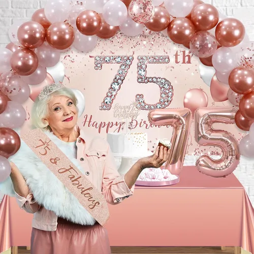 Vista 8 de Juego de arco de globos de decoración de cumpleaños número 75 de oro rosa para mujer 75th Birthday Banner and Party Tablecloth, Belt and Tiara