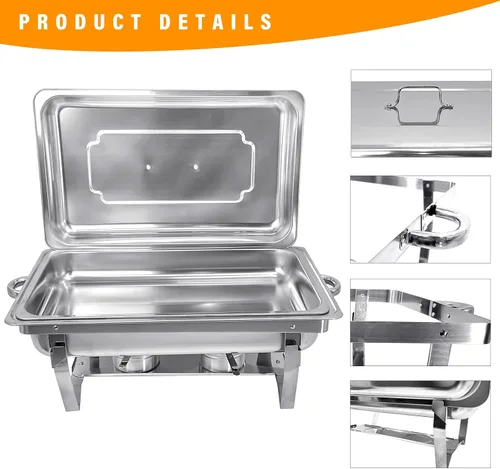 Vista 5 de Juego de 2 platos de 8 cuartos de galón para buffet de acero inoxidable, juego completo de calentador de alimentos con bandeja de agua