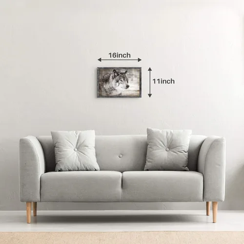 Vista 3 de Arte de Pared Enmarcado de Lobo: Pintura Moderna de Animales Salvajes de Madera Rústica Natural Imagen de Vida Silvestre Obra de Arte de Lobo Gris