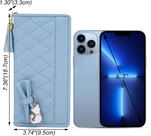 Vista 6 de UTO Cartera de piel sintética para mujer, de gran capacidad, colgante de gato, soporte para teléfono, organizador de chequera, con cremallera