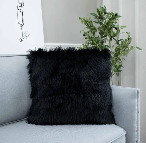 Vista 2 de LIGICKY Serie de Lujo Funda de Cojín Suave de Pelo Sintético Funda Decorativa Cuadrada de Felpa para Sofá, Cama, 40,6 x 40,6 cm, Negro