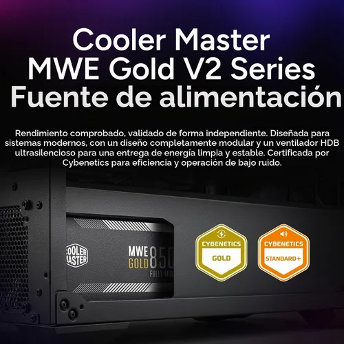 Vista 7 de Cooler Master MWE Gold 850 V2 PSU Full Modular, 850W, 80+ Gold, Diseñado para Nvidia RTX 5080 AMD RX 9070 XT, 2 Conectores EPS, Ventilador HDB