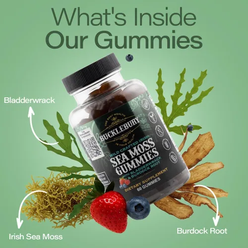 Vista 8 de BUCKLEBURY Wild Crafted - Gomitas de musgo marino irlandés con vejiga y raíz de bardana, multivitamínico masticable natural, veganas, para apoyo