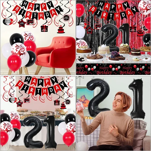Vista 6 de Decoraciones de cumpleaños 21 para él y ella, decoraciones de fiesta de cumpleaños 21 en rojo y negro con globos, pancarta, espirales colgantes