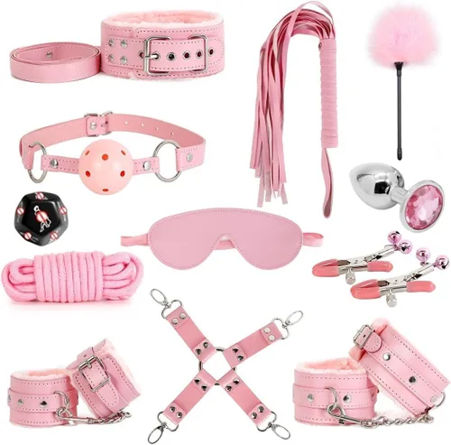 Vista 8 de Kits de Restricciones de Bondage Sexual Juguetes BDSM 12 Piezas Esposas Grilletes de Tobillo Tapón Anal Pinzas para Pezones Mordaza de Bola Venda