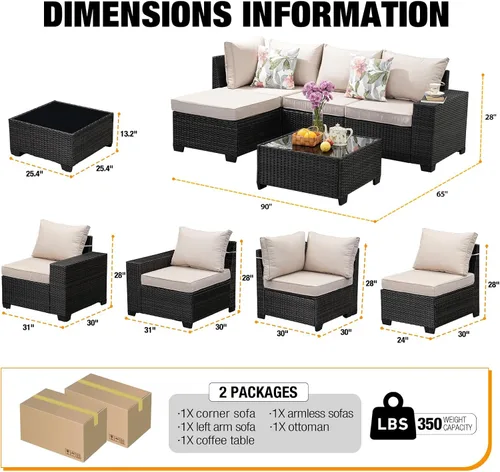 Vista 2 de JOYURE Juego de muebles de patio de 5 piezas, para todo tipo de clima, para exterior, sofá seccional de mimbre, sofá de ratán para patio con cojín