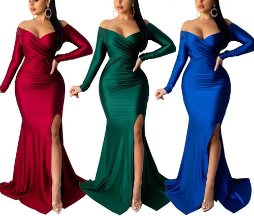 Vista 3 de Vestido de noche para mujer, con hombros descubiertos, con cortes que dejan ver la pierna desde el muslo, largo y formal, vestido de noche