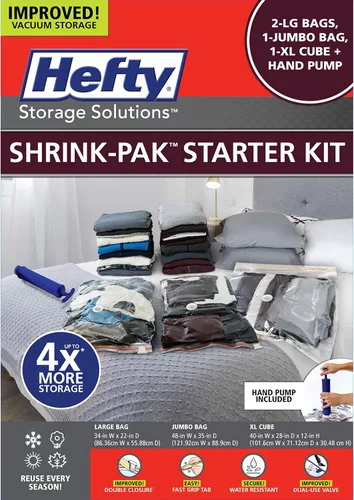 Vista 9 de Hefty Shrink-Pak - 4 bolsas grandes de almacenamiento al vacío para ropa, almohadas, toallas o mantas - Bolsas selladoras al vacío ahorradoras