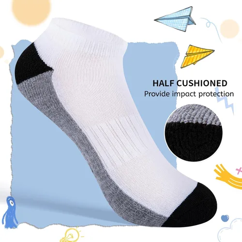 Vista 4 de Comfoex Calcetines para niños, 8 pares de 6-8, 4-6, 8-10 años, calcetines atléticos de corte bajo, calcetines cortos medio acolchados para niños