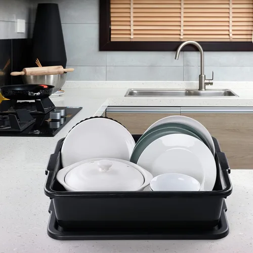 Vista 4 de Paquete de 3 cajas de plástico con tapa, tinas de autobús comerciales, 13 L, color negro