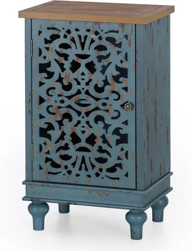 Vista 6 de GREEN PARTY Armario de almacenamiento, mesa auxiliar, mesita de noche, mesa de sofá con una sola puerta, patrón floral verde azulado para sala
