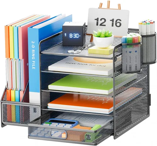 Vista 15 de Marbrasse - Organizador de escritorio con soporte para archivos, organizador de bandejas para papel tamaño carta de 5 niveles con cajón y 2 soportes