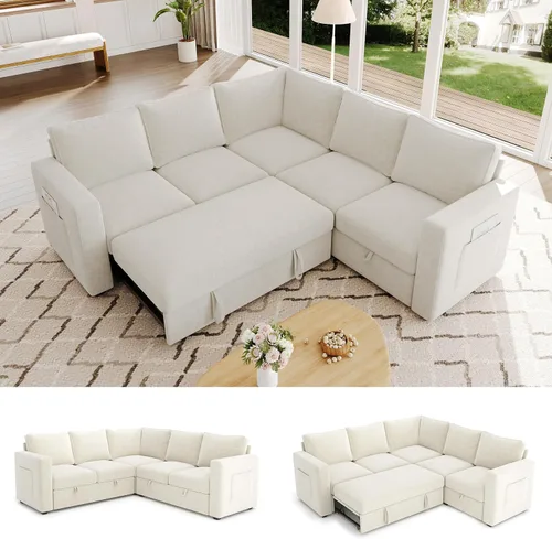 Vista 21 de Sofá modular de 85 pulgadas con cama extraíble, sofá modular de 5 asientos en forma de L con almacenamiento, sofás seccionales para sala de estar