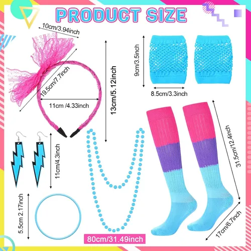 Vista 2 de Handepo Juego de 19 accesorios de disfraz de los años 80, diseño retro de los años 80, riñonera de neón de los años 80, banda para el pelo, guantes