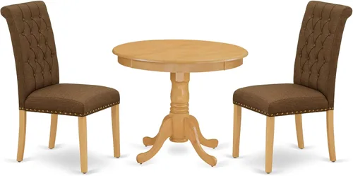 Vista 14 de East West Furniture ANBR3-LWH-02 Juego de mesa de comedor de 3 piezas contiene una mesa de comedor redonda con pedestal y 2 sillas tapizadas de tela
