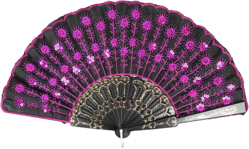 Vista 7 de InnoLife Elegante abanico de mano plegable con flores bordadas y patrón de pavo real con lentejuelas en tela artesanal (5 piezas, rojo)