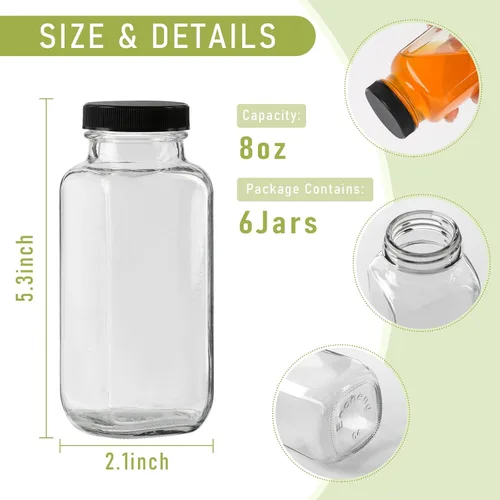Vista 2 de Botellas de vidrio para jugo de 8 onzas con tapas, paquete de 6, botella de agua reutilizable, botellas de jugo para batidos, leche, almacenamiento