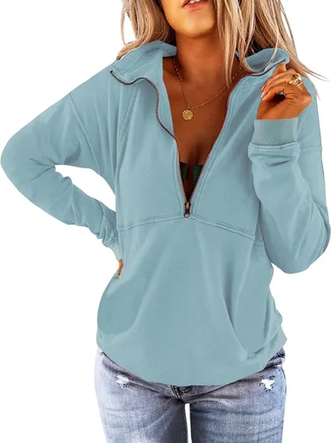 Vista 11 de Floral Find Women's Long Sleeve Lapel Half Zip Up Sweatshirt Solid Stylish Loose Fit Casual Pullover Tops B-Azul marino
