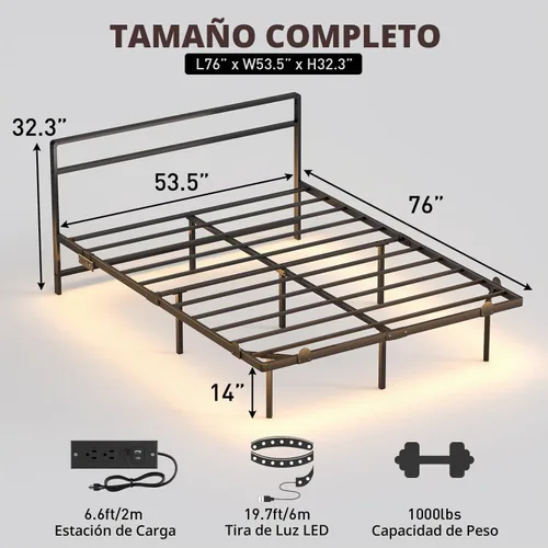 Vista 2 de Marco de cama flotante completo con cabecero, marco de cama de plataforma moderna con luces LED y estación de carga USB, marco de cama de metal