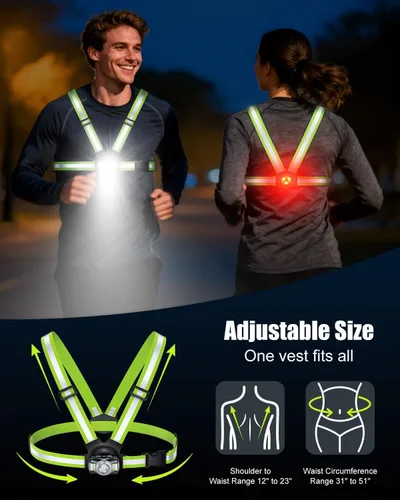 Vista 8 de Luces de Correr para Corredores, Luz de Correr de 500 Lúmenes con Luz de Alerta Roja Trasera, Haz Ajustable de 45° e Impermeable IPX4, Chaleco