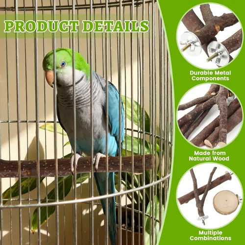 Vista 3 de Paquete de 8 perchas para pájaros, plataformas de madera de manzana natural, ramas de madera dura, accesorios para periquitos, cacatúas, tortolitos