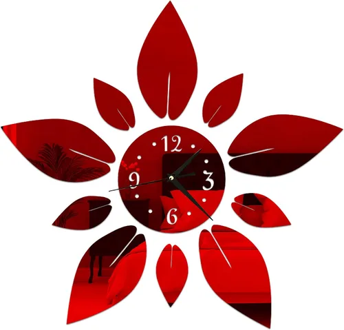 Vista 7 de Adhesivo de pared acrílico, diseño de flores en 3D Self-Adhesive Red Acrylic Crystal Material, Mirror Wall Clock For Home, Apartment And Indoor