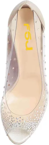 Vista 4 de FSJ Zapatos de tacón transparente, puntiagudos, con incrustaciones, para mujer, tacón alto con lazo, tallas estadounidenses 4 a 15 M