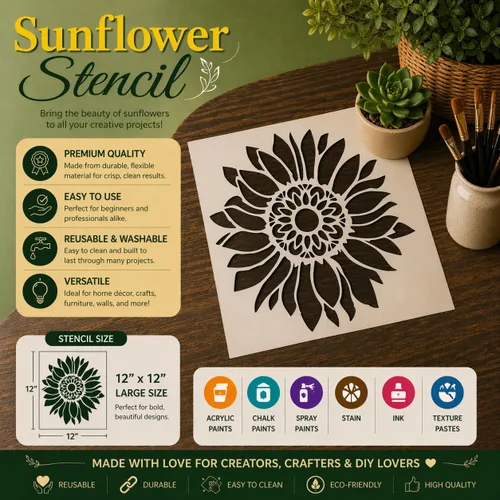 Vista 2 de Plantilla bohemia de girasol de 12 x 12 pulgadas para pintar sobre madera, lienzo, papel, tela y muebles, plantillas florales reutilizables