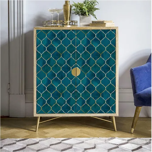 Vista 6 de HAOKHOME - Papel tapiz despega y pega, diseño geométrico enrejado, color esmeralda/zafiro azul/bronce, papel de contacto extraíble para decoración