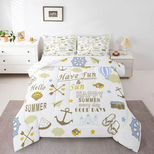 Vista 26 de Juego de edredón de casa del lago, tamaño individual, juego de ropa de cama con ancla náutica para niños, adolescentes y adultos, edredón retro