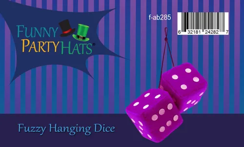 Vista 4 de Funny Party Hats Dados peludos morados, dados colgantes para espejo de coche, dados retro de los años 50