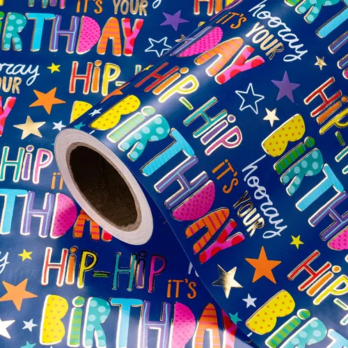 Vista 7 de WRAPAHOLIC Papel de regalo para cumpleaños - Rollo mini - 17 pulgadas x 16.5 pies - Papel de regalo azul dorado con foil brillante de feliz Azul