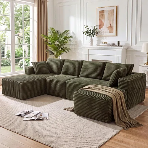 Vista 31 de Sofá modular en forma de L para sala de estar, sofá modular sin huesos con diván, sofá de pana con asiento profundo, no requiere montaje, negro