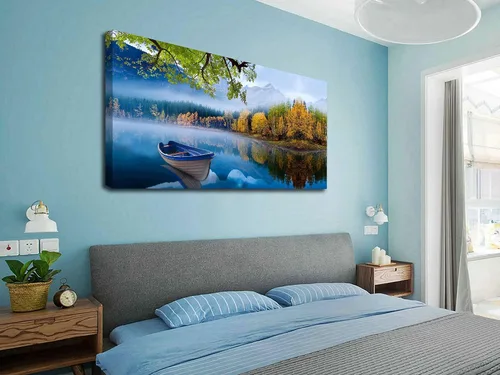 Vista 5 de Arjun Lienzo decorativo para pared, diseño de lago y montaña, cielo, naturaleza, paisaje, barco, ilustración, pintura escénica moderna, enmarcada