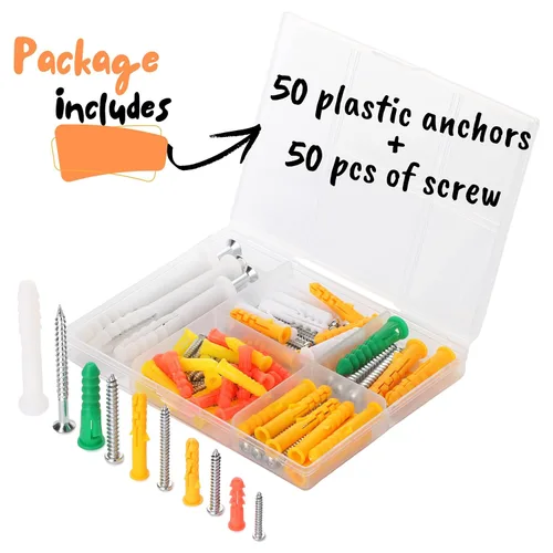 Vista 2 de Mr. Pen- Kit surtido de anclajes y tornillos para paneles de yeso, 100 piezas 50 Plastic Dry Wall Expansion Anchors and 50 Philips Flat Head Wood