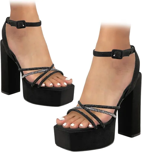 Vista 4 de PTUPLYU Tacones altos negros gruesos para mujer, plataforma de gamuza cuadrada, tacón abierto, tacón de tiras de diamantes de imitación brillantes