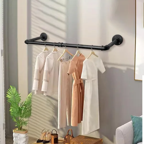 Vista 2 de Perchero Industrial de Tubo de Hierro para Colgar Ropa, Barra de Ropa Montada en Pared DIY, Estante de Ropa de Alta Resistencia para Dormitorio Negro