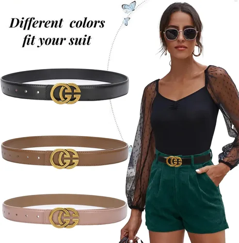 Vista 328 de Cinturón de cuero clásico con hebilla de metal para mujer con vestido de jeans