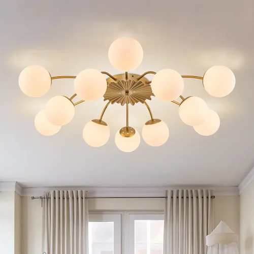 Vista 11 de Longree Sputnik - Lámpara de techo semiempotrada con forma de globo de vidrio de leche de 6 luces, color dorado, arte de mediados de siglo, moderna