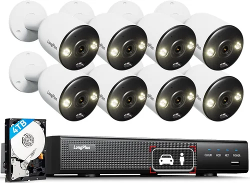 Vista 9 de LongPlus Cámara de seguridad Poe 4K-UHD de 8MP, funciona con NVR, cámara bala con cable, visión nocturna a color, focos LED, alarma de luz